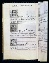 Page Listing Three Benefactors of New College, Oxford; Edvardus Thompson, Carolus Mordaunt and Gulielmus Wharton, from a Benefaction Book, 16812-84